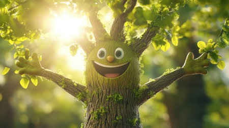 A cheerful tree character with a smiling face stands in a sunlit forest. This whimsical illustration brings joy and happiness to nature-themed projects.の素材