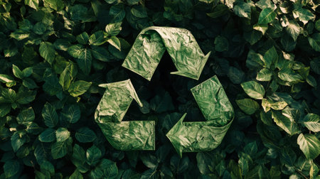 A vibrant recycling symbol made of leaves set against a backdrop of lush green foliage, symbolizing environmental conservation and sustainability efforts.の素材