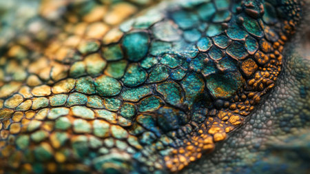A stunning close-up of a reptile's colorful scales, showcasing intricate textures and vibrant hues. Perfect for nature lovers and wildlife enthusiasts.の素材