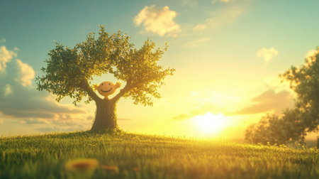 A cheerful tree with a smiling face stands under a bright sky at sunrise, radiating joy and warmth in a tranquil landscape. Perfect for nature themes.の素材