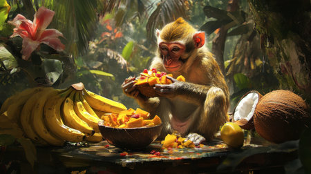 A playful monkey indulges in a vibrant tropical feast amidst lush greenery. The scene showcases bananas, coconut, and assorted fruits, illustrating a serene moment in wildlife.の素材