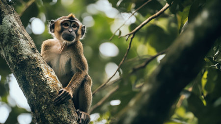 A curious monkey explores its tropical forest habitat, perched on a tree branch. The vibrant greenery creates a serene atmosphere, showcasing wildlife.の素材