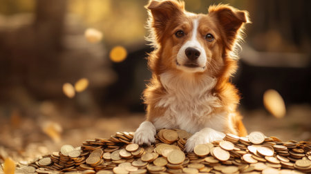 A charming dog poses gracefully amidst a pile of golden coins, exuding warmth and loyalty. The soft sunlight enhances this playful and whimsical scene.の素材