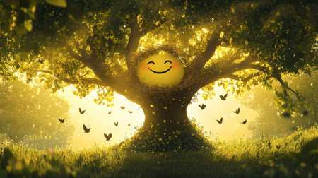 A whimsical tree with a smiling face stands in a sunlit meadow, surrounded by butterflies and lush greenery, embodying joy and tranquility in nature.の素材
