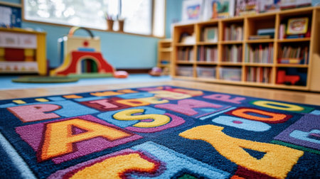 A bright, colorful rug featuring letters and numbers enhances a playful classroom environment, ideal for stimulating early learning and creativity.の素材