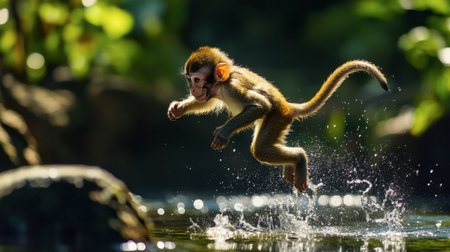 A lively young monkey leaps over water, creating a splash, embodying joy and playfulness in its natural lush habitat. Perfect for wildlife enthusiasts.の素材