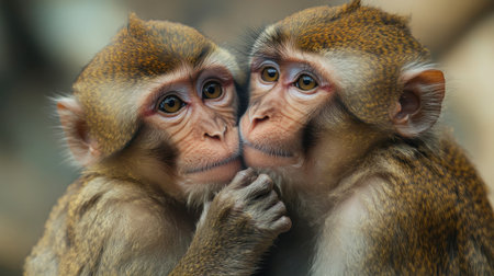 Two monkeys share a tender moment, illustrating affection and connection. Their innocent expressions highlight the beauty of wildlife companionship and intimacy.の素材