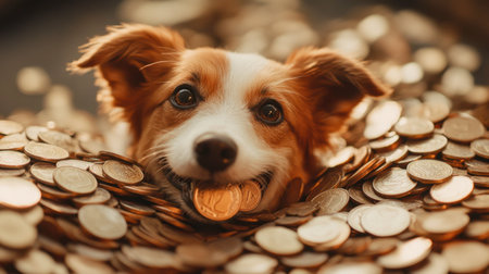 A cheerful dog with a coin in its mouth gleefully relaxes amidst a pile of coins, creating a playful and whimsical atmosphere of wealth and joy.の素材