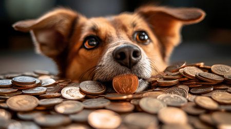 A charming dog rests among a pile of coins, showcasing a playful expression. This delightful image captures the essence of pets and wealth, evoking happiness.の素材