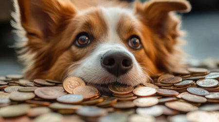 A charming dog rests its head on a pile of coins, showcasing a thoughtful expression. This captivating close-up highlights the connection between pets and wealth.の素材