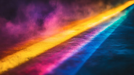 A stunning portrayal of colorful light beams emerging through smoke, creating a vibrant atmosphere with dynamic reflections and an abstract aesthetic.の素材