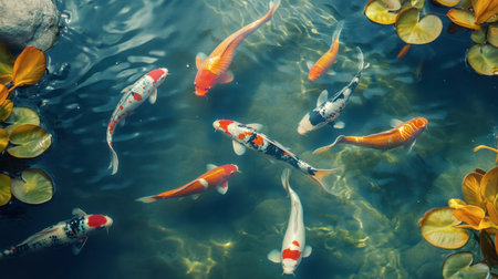 A serene scene featuring colorful koi fish swimming gracefully in a tranquil pond. The vibrant aquatic life adds beauty to the natural environment.の素材