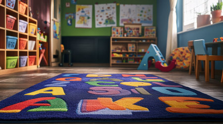 A vibrant classroom featuring a colorful rug with letters, stimulating children's creativity and learning. A welcoming environment filled with toys and educational materials.の素材