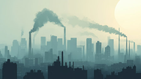 A moody city skyline captured at sunset, showcasing industrial factories emitting smoke into the atmosphere. The scene reflects urban pollution and environmental challenges.の素材