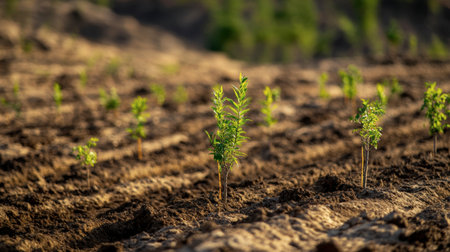 Young green seedlings emerge from rich, fertile soil, symbolizing growth and renewal in a serene outdoor environment. Perfect for nature-themed projects.の素材
