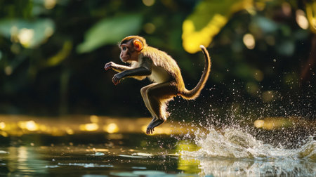 A lively monkey leaps joyfully over a splashing water surface in a lush forest environment, capturing the essence of wildlife and adventure.の素材