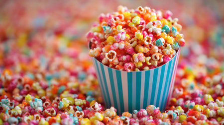A vibrant cup of colorful popcorn sits atop a sea of candy-coated treats, perfect for parties and celebrations. Ideal for food-themed projects and promotions.の素材