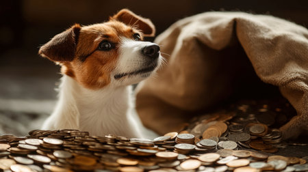 A curious dog looks attentively at piles of shiny coins, creating a whimsical atmosphere of finance and discovery in a cozy indoor setting.の素材