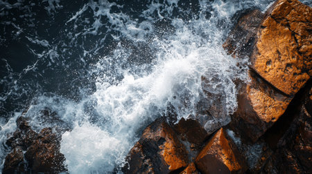 Dynamic waves crash against rugged rocks, showcasing the beautiful interaction between water and stone. The scene captures the essence of nature's power and tranquility.の素材