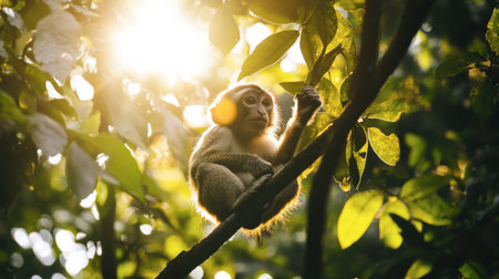 A curious monkey sits on a tree branch, illuminated by sunlight filtering through lush green leaves, showcasing the beauty of wildlife in a serene forest setting.の素材
