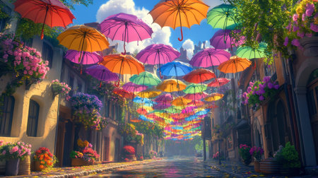 A vibrant street scene adorned with colorful umbrellas suspended above a charming pathway, surrounded by blooming flowers, creating a whimsical atmosphere perfect for tourism and photography.の素材