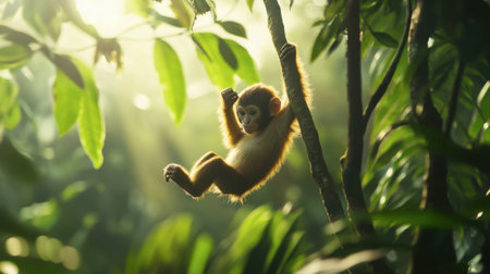 A charming baby monkey hangs playfully from a tree branch in a sunlit tropical jungle. This image captures the innocence and beauty of wildlife in its natural habitat.の素材