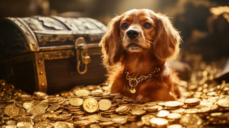 A charming dog sits among shiny gold coins and a treasure chest, creating a whimsical scene that symbolizes luck, fortune, and joy.の素材