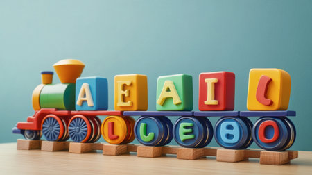 This vibrant toy train adorned with colorful alphabet blocks is perfect for educational play. Ideal for inspiring creativity and learning in young children.の素材