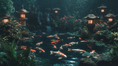 A tranquil pond scene featuring colorful koi fish swimming among lush greenery and blooming flowers, illuminated by lanterns in a serene nighttime setting.の素材
