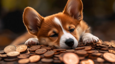 A charming corgi puppy rests peacefully on a pile of coins, portraying tranquility and warmth. This adorable scene captures the joy of pets and the essence of playfulness.の素材