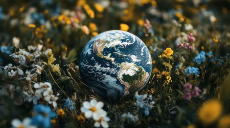 A beautiful globe of the Earth rests among a variety of colorful wildflowers, creating a stunning display of nature's beauty and diversity in a peaceful setting.の素材