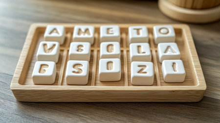 A wooden tray holds playful letters, perfect for games and creative activities. Great for educational purposes, crafting, or as decorative elements in a home.の素材