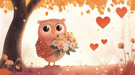 A charming illustration of a cute owl holding a bouquet of flowers in an autumn setting, surrounded by falling leaves and hearts, evoking feelings of joy and love.の素材