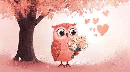 An adorable cartoon owl holds a bouquet of flowers under a whimsical tree, surrounded by heart shapes and soft pink colors. Perfect for love and nature themes.の素材