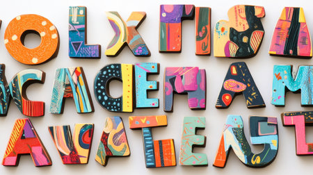 An array of colorful, artistic letters showcasing vibrant designs and textures. Perfect for creative projects, decorations, and inspiring art.の素材