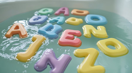 Vibrant foam letters float in water, offering a playful and educational experience. Perfect for childrenの素材