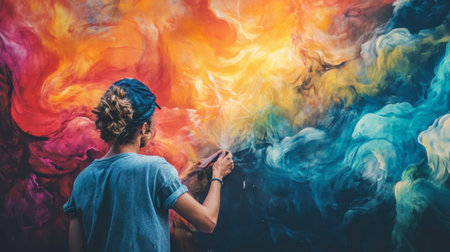 A creative artist painting a vibrant mural, filled with swirling colors and textures, showcasing the beauty of artistic expression and passion for art.の素材