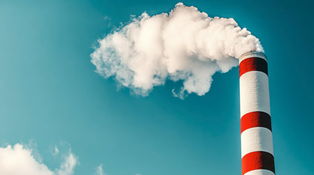 A tall industrial chimney releasing white smoke into a blue sky, symbolizing pollution and energy production. Ideal for environmental themes.の素材