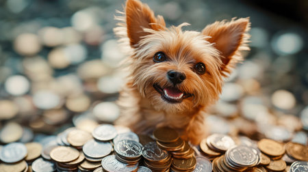 A joyful small dog surrounded by shiny coins, symbolizing wealth and happiness. This image captures the playful spirit of pets in a vibrant setting.の素材