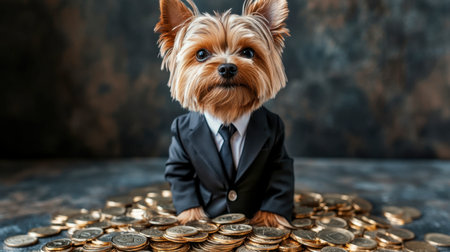 A charming dog dressed in a suit sits on a pile of coins, exuding a playful sense of wealth and humor. Perfect for themes of finance and cuteness.の素材