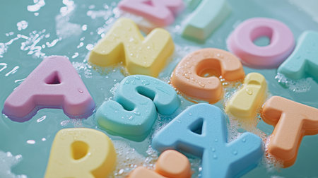 Bright and colorful foam letters float in clear water, creating a playful and educational scene perfect for children's learning and bath time fun.の素材