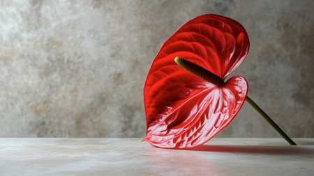 A stunning close-up of a vibrant red anthurium flower against a soft, neutral background, highlighting its glossy petals and unique shape. Perfect for nature lovers and floral enthusiasts.の素材