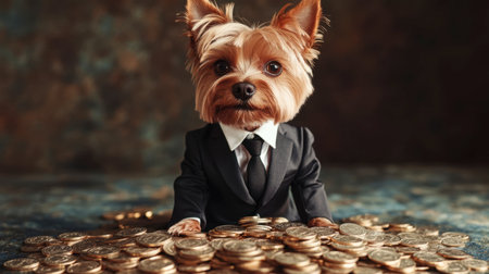 A charming dog in a suit poses confidently amid a pile of coins, representing wealth and character. Ideal for finance, humor, or pet-related themes.の素材