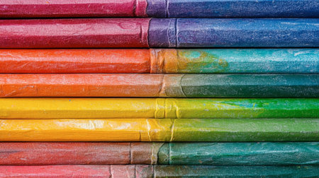 A collection of vibrant crayons arranged in a colorful pattern. Perfect for projects focused on art, creativity, education, and playful activities for children and adults alike.の素材