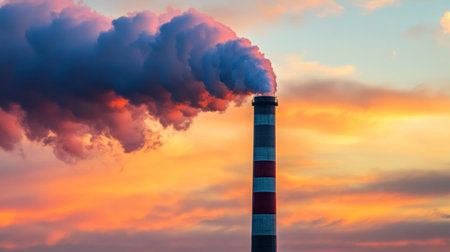 A striking view of an industrial chimney releasing thick smoke into the colorful sunset sky, highlighting themes of pollution and environmental impact.の素材
