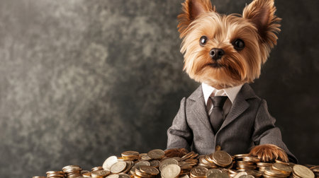 A charming small dog dressed in a suit sits among piles of coins, reflecting themes of wealth and success in a lighthearted and humorous way.の素材