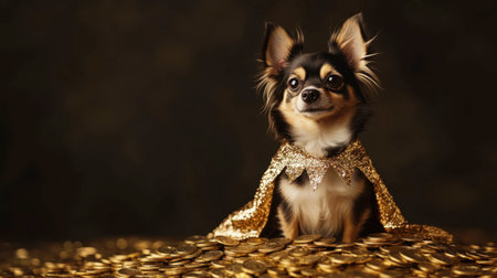 A stylish chihuahua adorned with a sparkling golden cape sits confidently among shiny coins, embodying a playful and luxurious scene perfect for animal lovers.の素材
