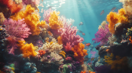 Experience a stunning underwater scene showcasing a colorful coral reef filled with various fish, illuminated by sunlight filtering through the water.の素材