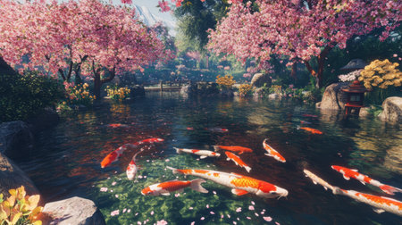 Discover a tranquil pond filled with colorful koi fish, surrounded by blooming cherry blossom trees. A serene landscape that evokes peace and harmony.の素材