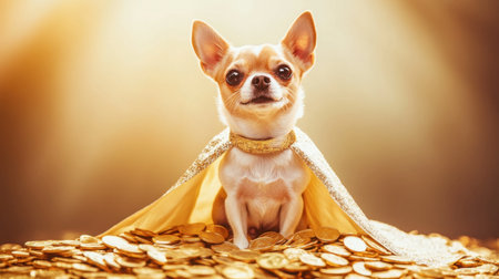 A charming chihuahua adorned with a golden cape sits amidst a pile of shiny coins, exuding an air of royalty and playfulness in a warm, dazzling light.の素材